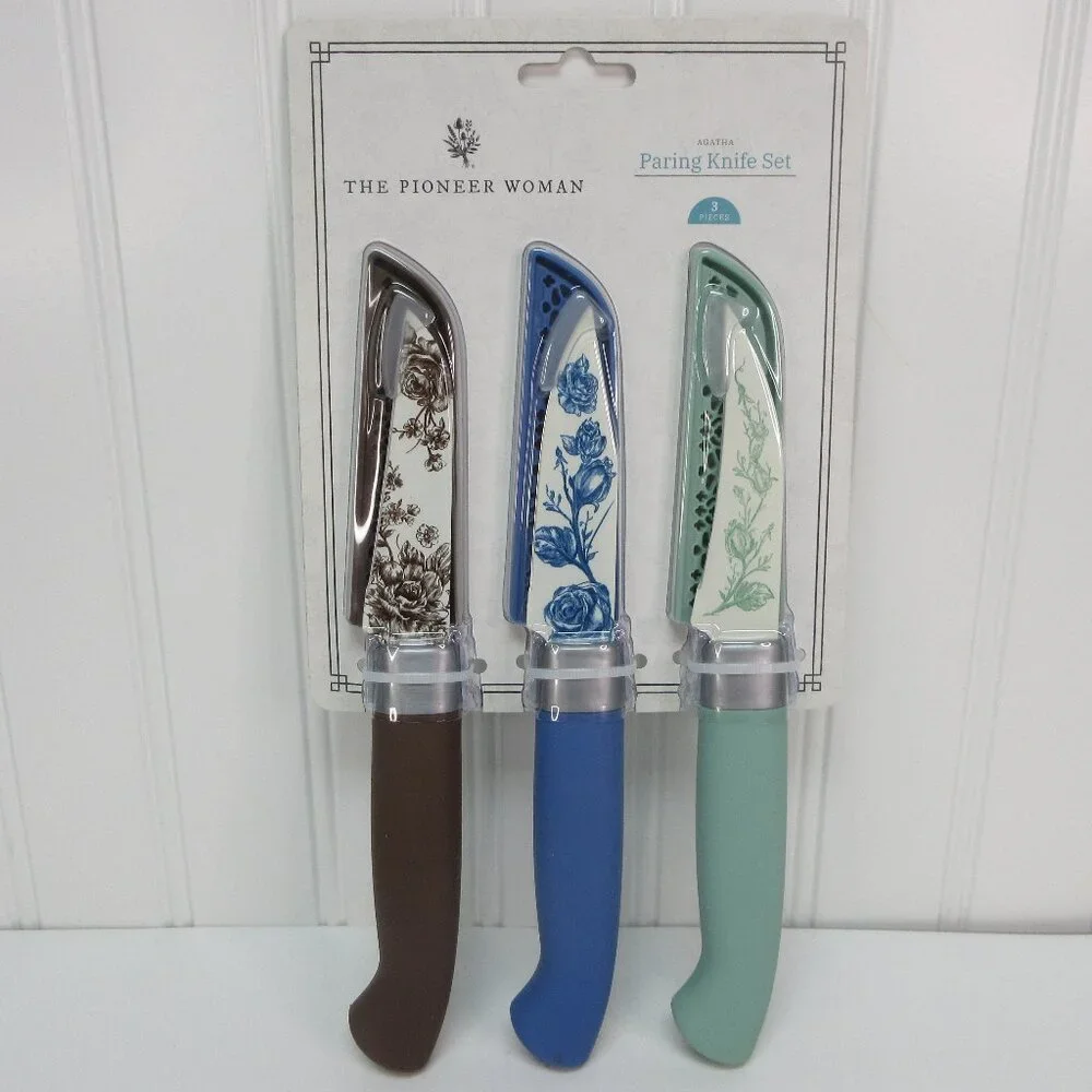 Pioneer Woman Agatha Floral Paring Knife Set Stainless Steel Green Blue Brown 3p